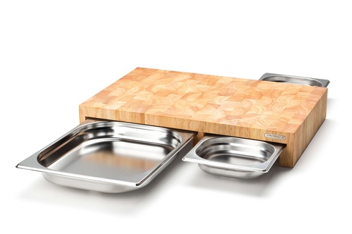 [9260024] Schneidbrett mit 3 Edelstahlschubladen, Stirnholz L50xB32,5xH8cm