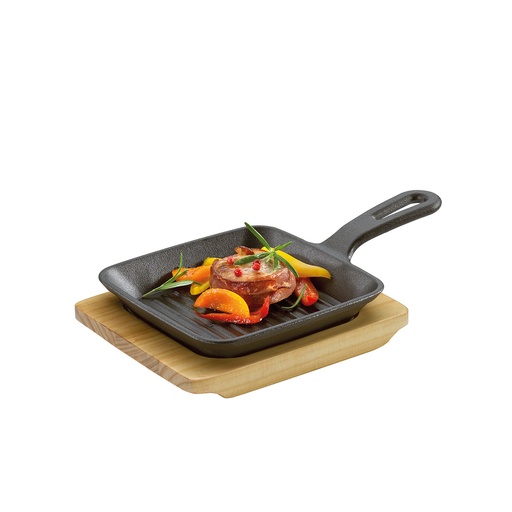 [9585988] Grill-/Servierpfanne quadratisch 13,5 x 13,5 cm, mit Holzbrett